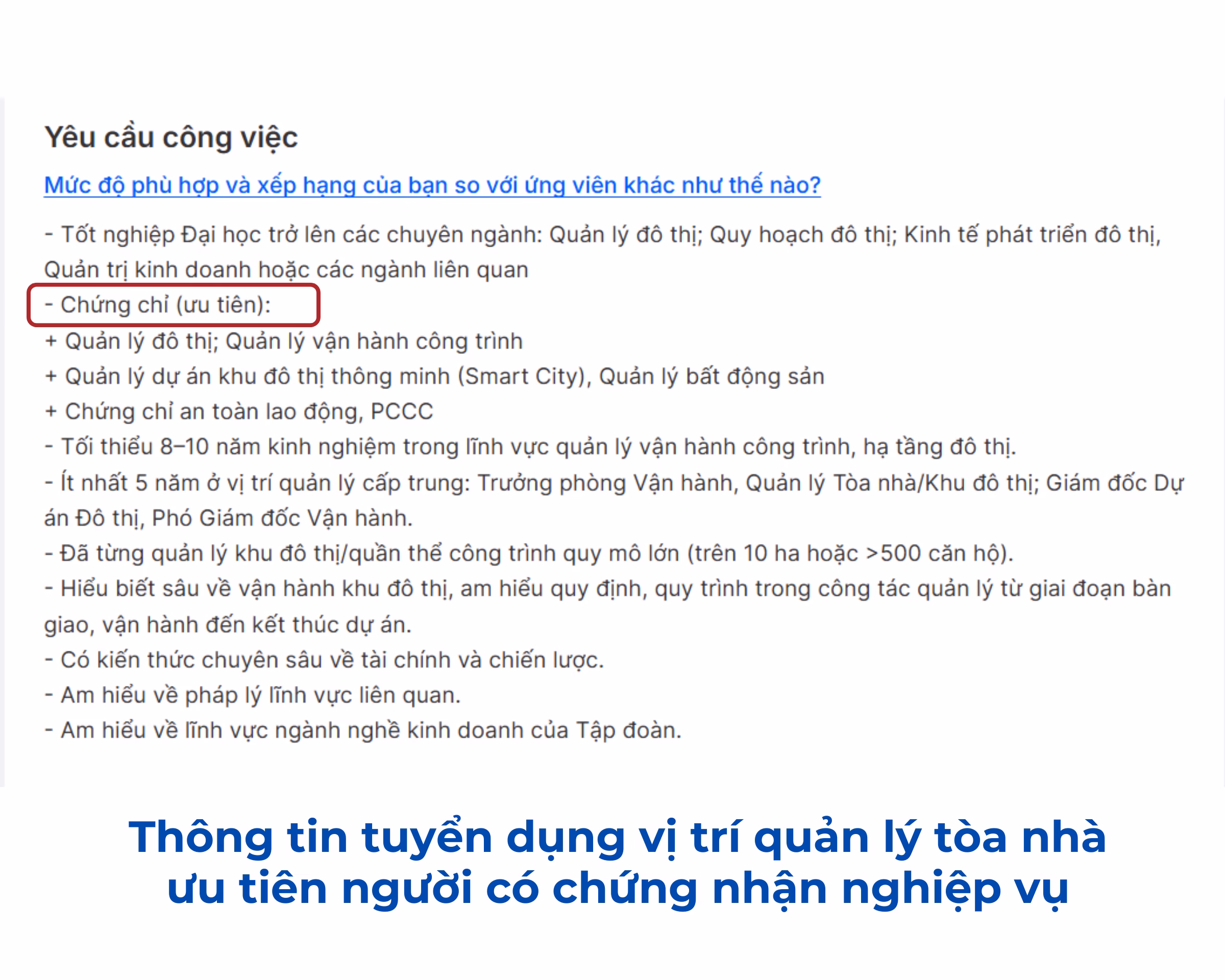 Thông tin tuyển dụng ưu tiên người ứng tuyển có chứng nhận nghiệp vụ quản lý vận hành tòa nhà